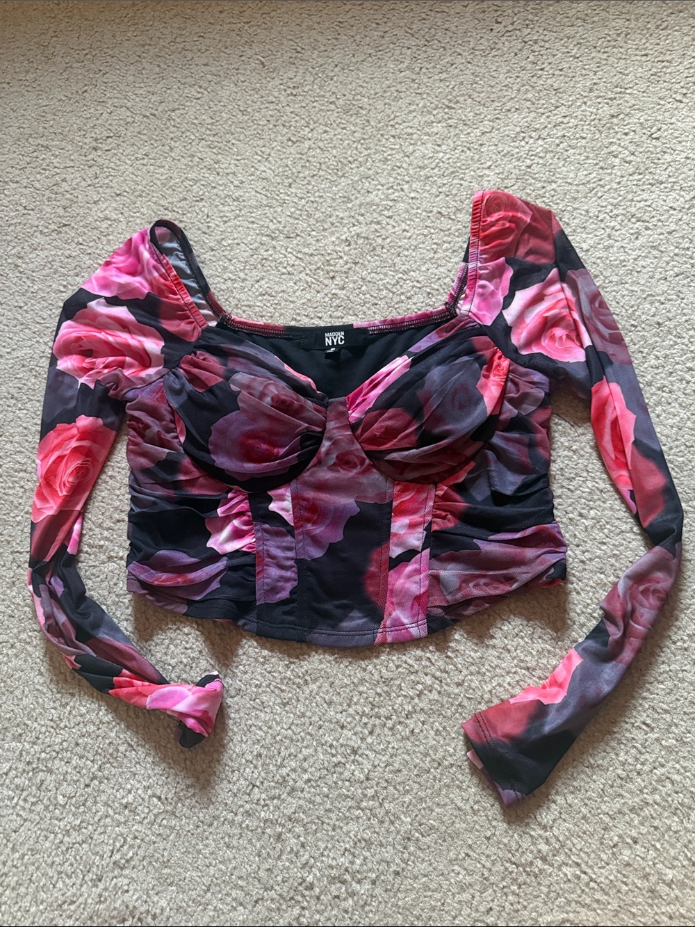 Madden NYC Pink and Black Floral Mesh Long-Sleeve Crop Top